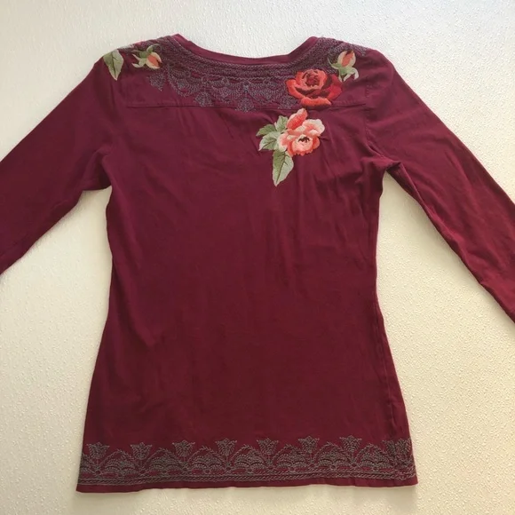 Johnny Was Burgundy Floral Embroidered Top - Picture 6 of 13